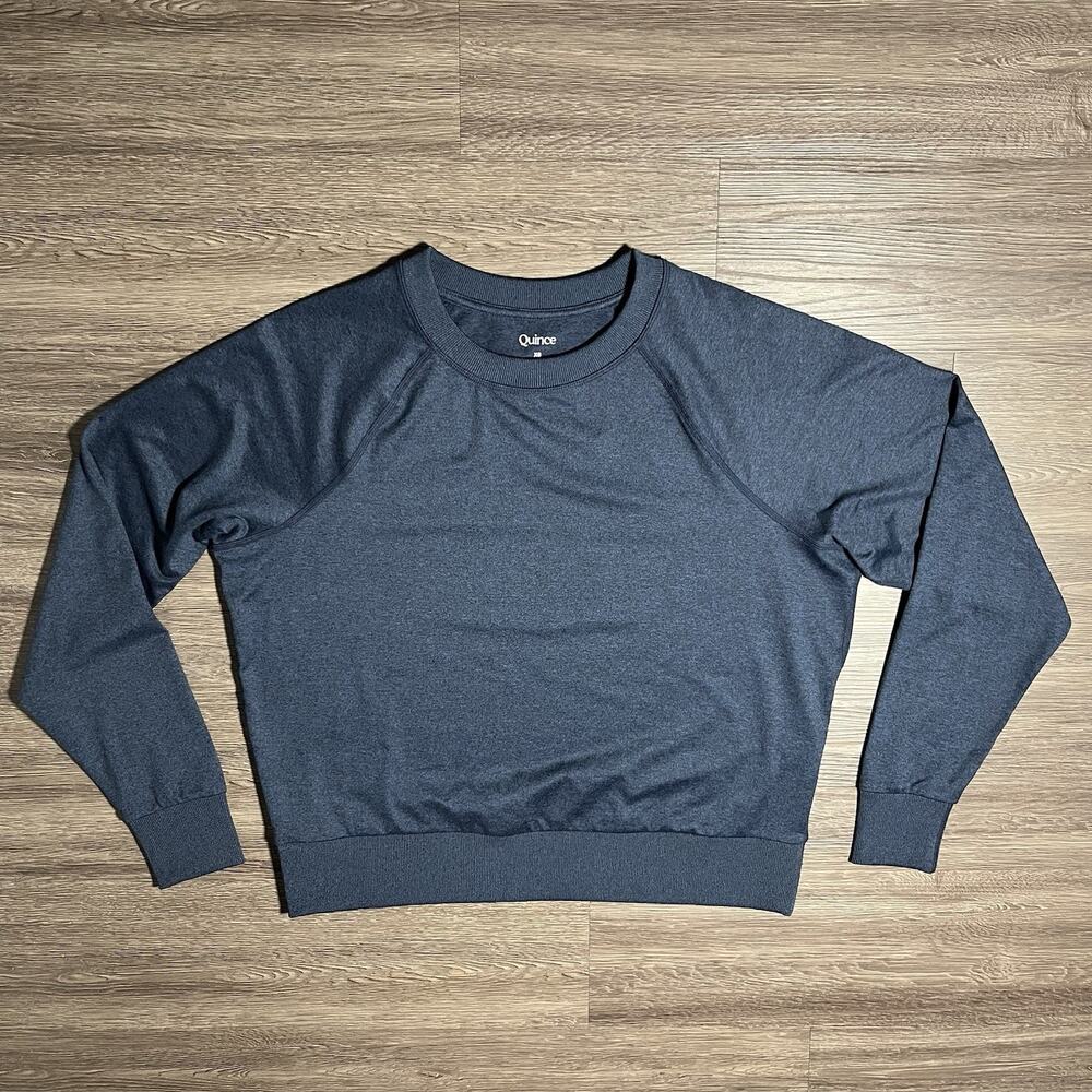 Quince Flowknit Pullover Crew Women's XS Heather Navy Stretch Performance EUC